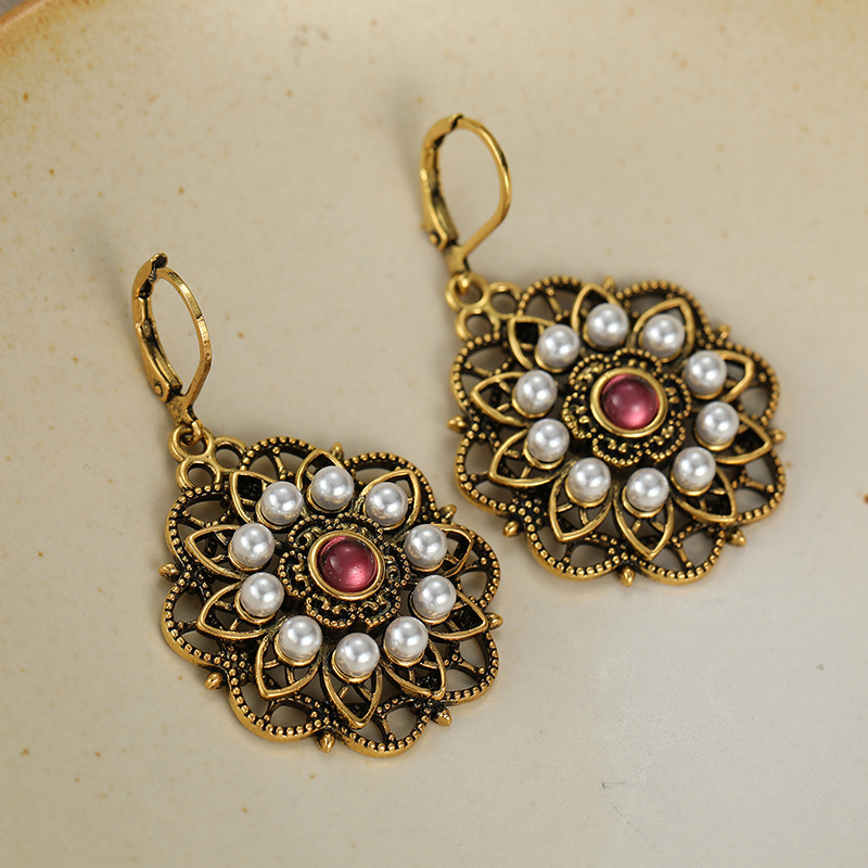 Women's Vintage Floral Hook Dangle Earrings with Imitation Pearl, Wedding Gift